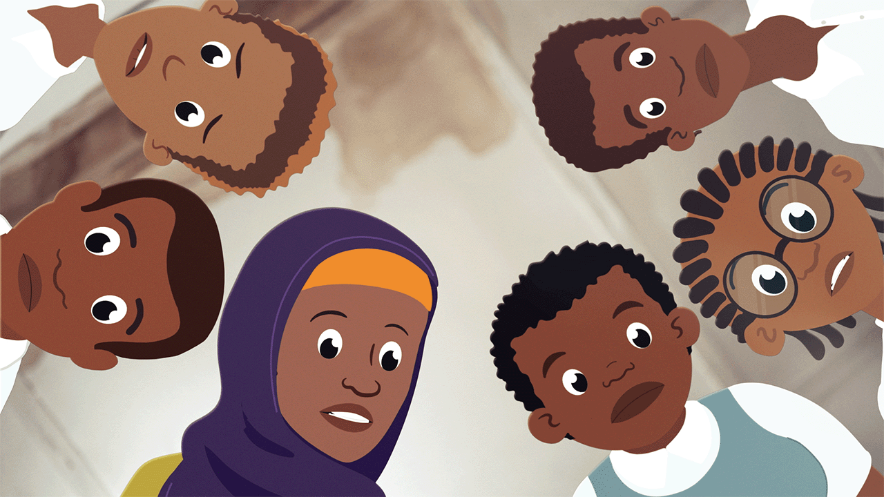 A cartoon of a group of Nigerian children standing in a circle looking down